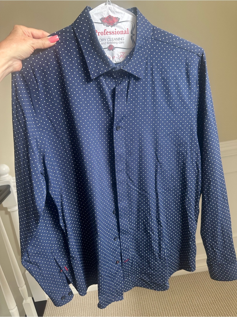 Express Men's Navy Button-Up Shirt with White Micro Dots